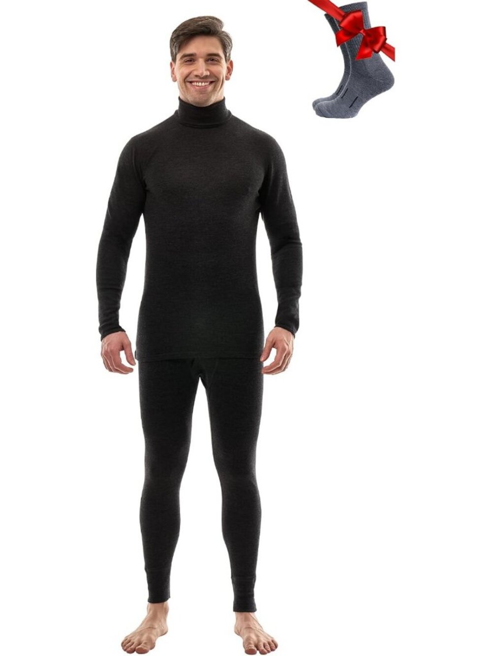 Cozy 100% Merino Wool Men's Thermal Base Layer Set with Turtleneck & Socks